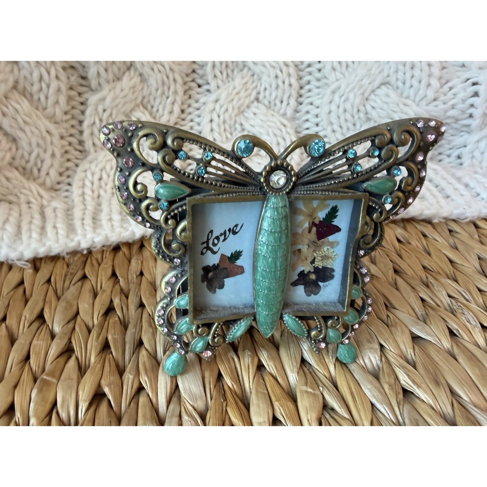 Vintage Ornate Colorful Enameled Butterfly & Rhinestone Photo Picture Frame